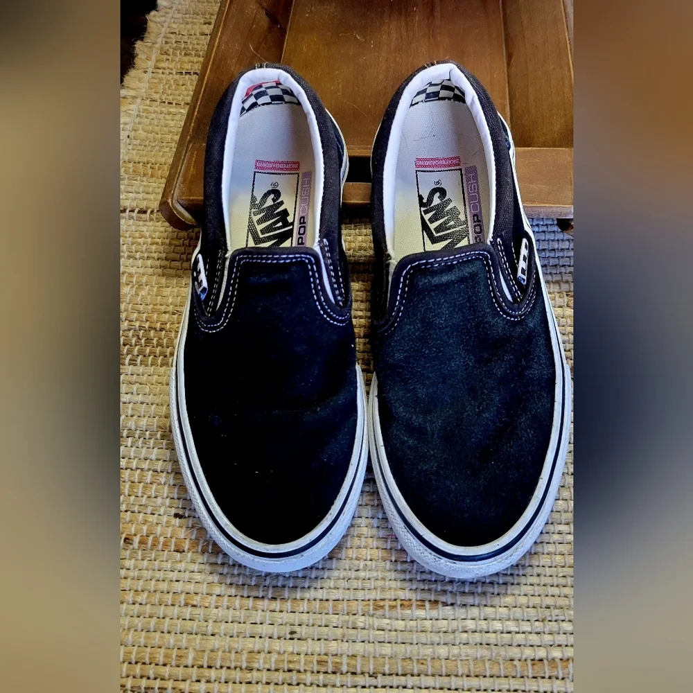Vans Skate Slip-On Shoes Black/White PopCush Suede/Canvas 5.5 EUC - Picture 1 of 10